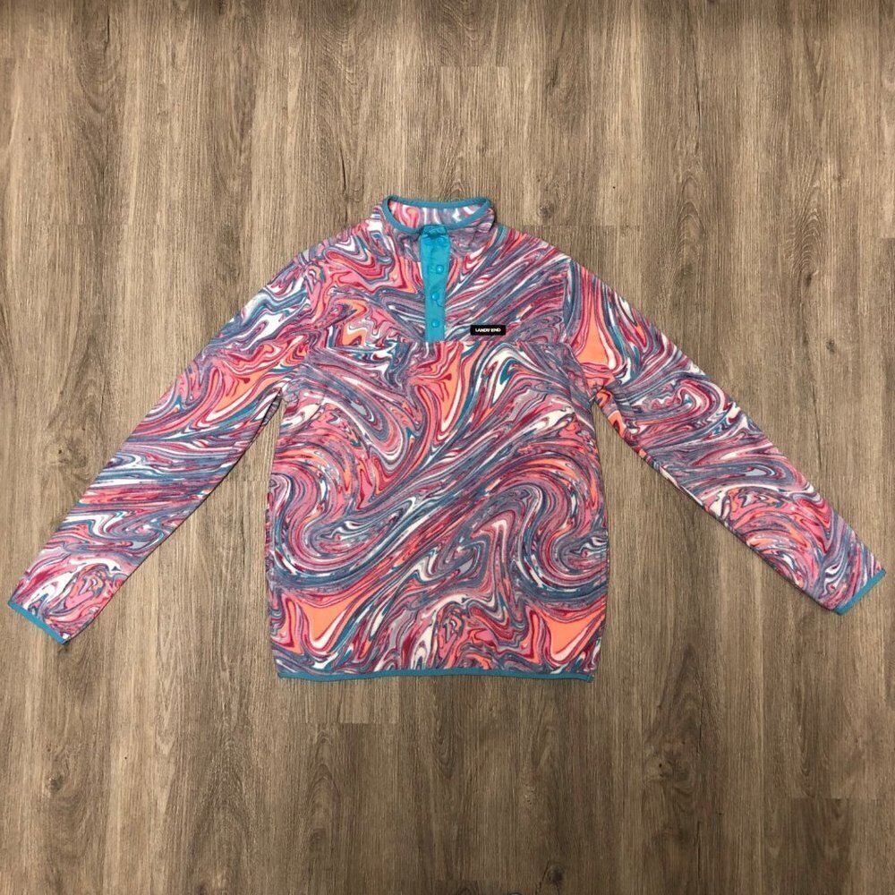 Lands' End Girls Size XXL (18-20) Heritage Fleece Snap Neck Pullover Rainbow
